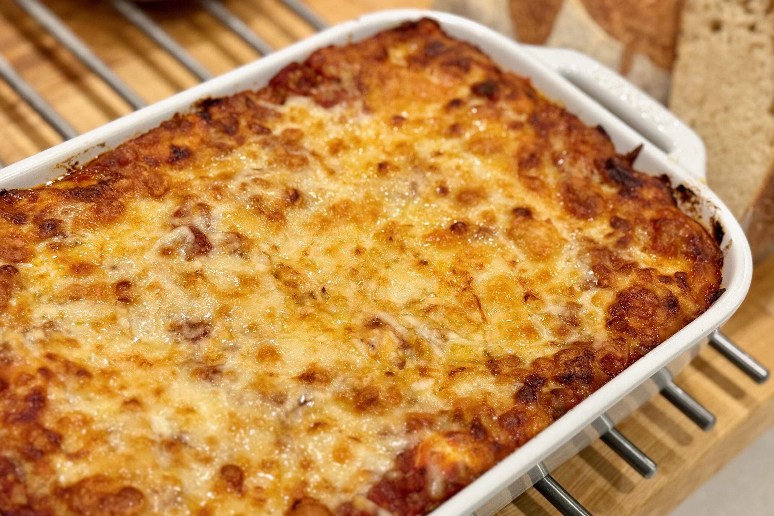 Lasagna, rested and ready to be sliced